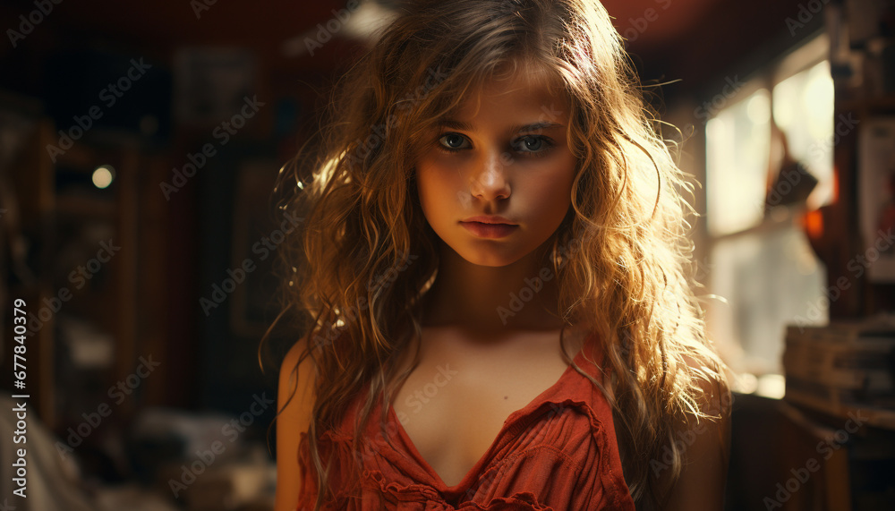Young woman with long brown hair looking at camera generated by AI Young woman with long brown hair looking at camera generated by AI