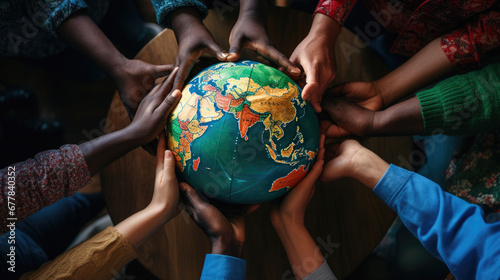 Multiple hands of diverse skin tones coming together to carefully hold a globe, symbolizing unity, diversity, and global cooperation