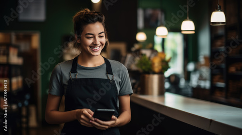 A cafe worker, wearing an apron and using a smartphone, standing at the counter of a warmly lit cafe with coffee equipment in the background.