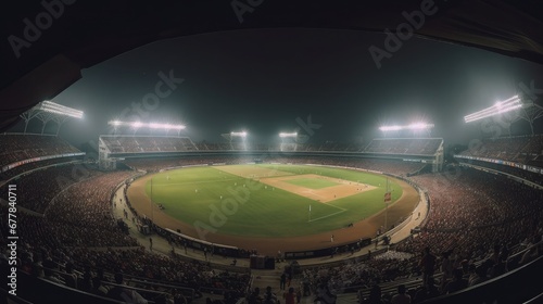 Cricket ground during a day-night match wide-angle photography, with stadium lights illuminating the field and players in action