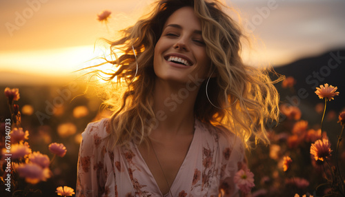 Smiling woman enjoys nature beauty, carefree and full of happiness generated by AI © Stockgiu