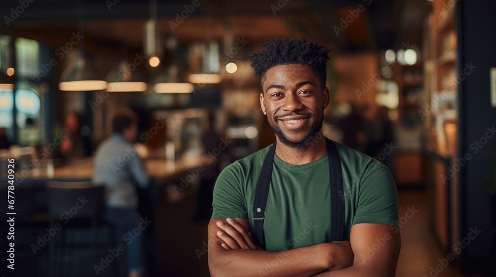 Smiling man small business owner in apron standing confidently in front of a cafe, with warm lighting and blurred interior details in the background.