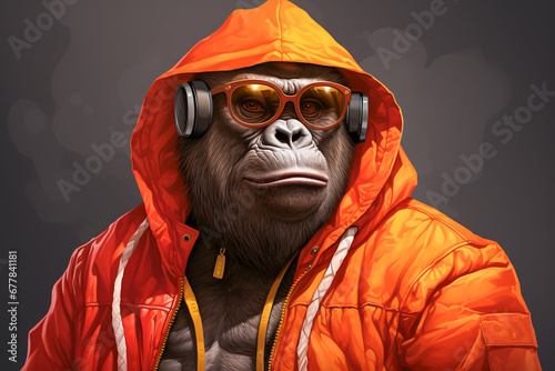 A gorilla wearing hip-hop style street fashion. Funny cute animal, hiphop guy, rapper and hustler concept photo