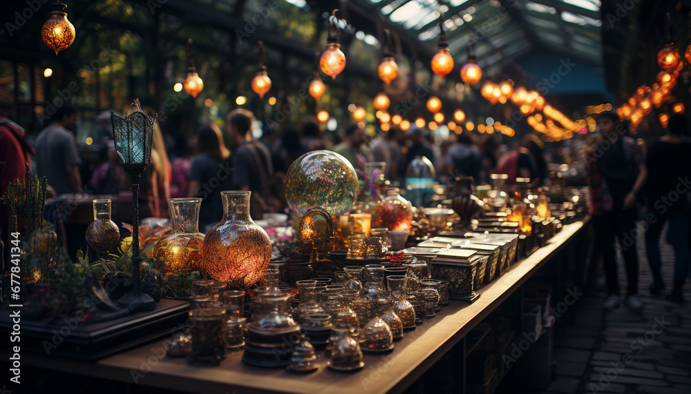 Nighttime street market sells illuminated lanterns, souvenirs, and cultural decorations generated by AI