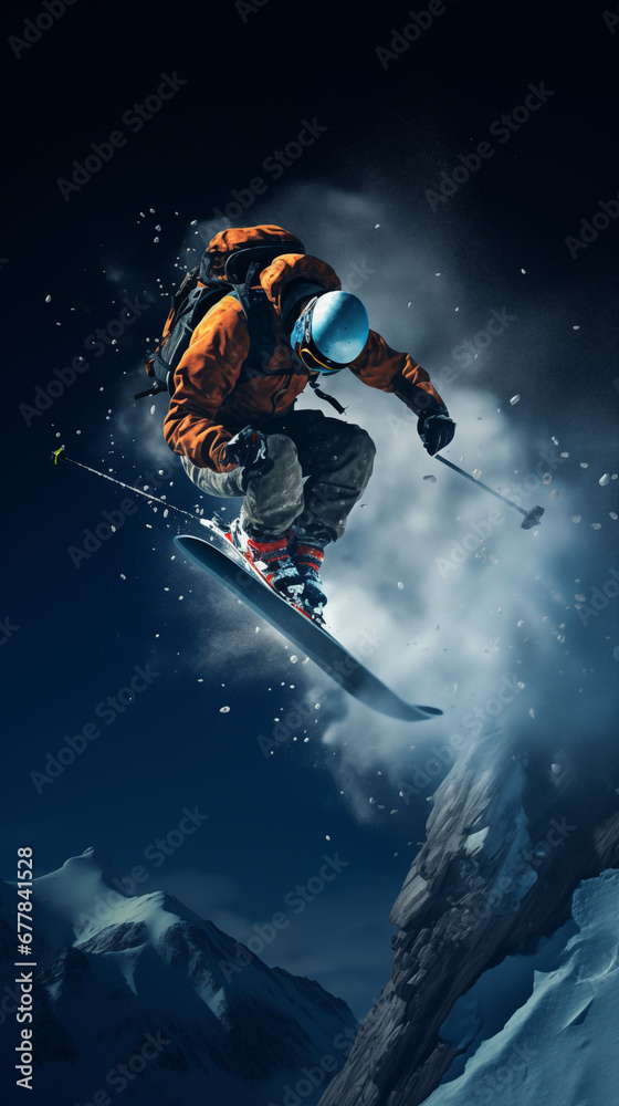 Jumping through air with deep blue sky in background. Winter sport background. Copy Space.