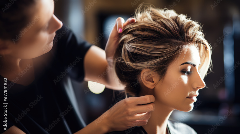 Fototapeta premium A hairstylist working on a woman's hair, carefully styling it, while the woman, with professionally done makeup, is seen in profile against a blurred salon background.