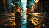 Men walking in wet nature, shoes splashing generated by AI