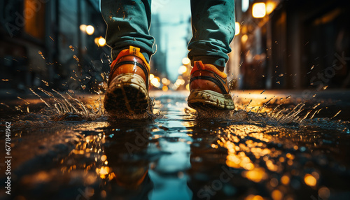 Men walking in wet nature, shoes splashing generated by AI © Stockgiu