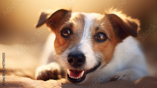 Close-up portrait of a smiling terrier dog, looking directly at the camera with a warm and relaxed expression, highlighted by soft-focus and bokeh in the background.