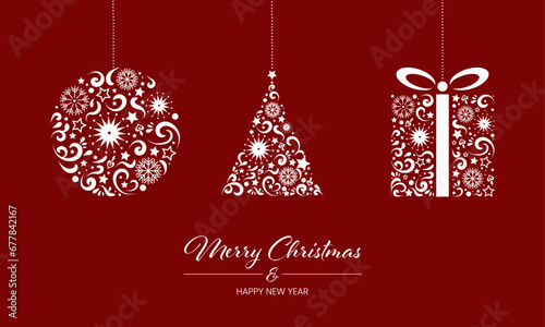 Merry Christmas modern greeting card. Holidays vector template with white christmas ball, christmas tree and gift on dark red background.