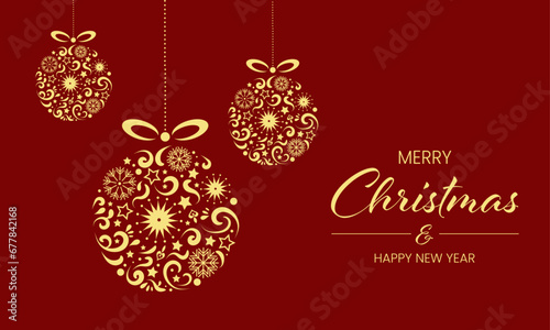 Merry Christmas elegant greeting card. Holidays luxury vector template with gold christmas balls on dark red background.	
