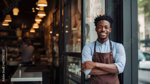 Smiling man small business owner in apron standing confidently in front of a cafe, with warm lighting and blurred interior details in the background. photo