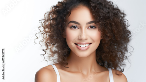 Close-up portrait of smiling young attractive woman, posing over white background. Skin care concept.