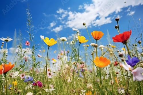 Close-up view of blooming wild flowers in the spring meadow under a blue sky. Generative AI