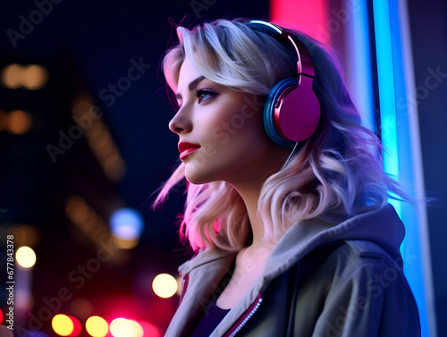 Beautiful young blonde woman with headphones, blurry neon city lights