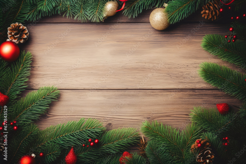 Christmas balls, pine branches and cones on wooden background Christmas balls, pine branches and cones on wooden background