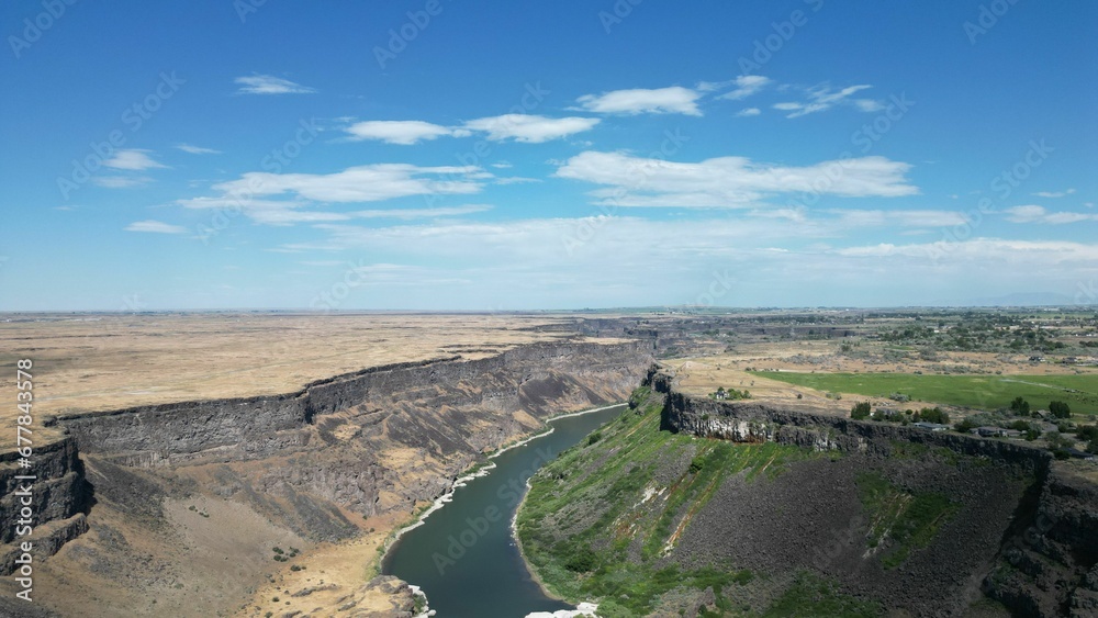 Drone shot of the Snake river in the Pacific Northwest region, USA