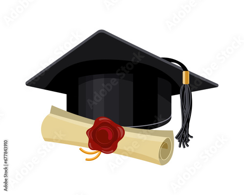 Graduation cap and diploma on a white ribbon. Education concept. Illustration, icon, vector