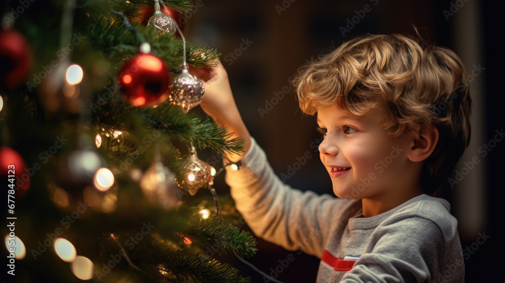 Little boy decorates Christmas tree.