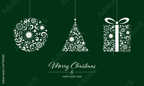 Merry Christmas modern greeting card. White christmas ball, christmas tree and gift on green background. Holidays vector template with festive elements.