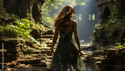 A young woman in a dress enjoys nature beauty generated by AI