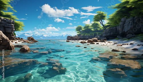 Rocky cliff meets blue water in tranquil seascape generated by AI © Jemastock