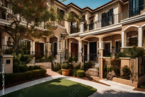 The cozy charm of a gated community's townhouses, featuring uniform yet elegant architecture