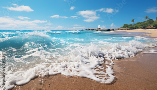 Tropical climate  blue wave splashes on sandy beach generated by AI