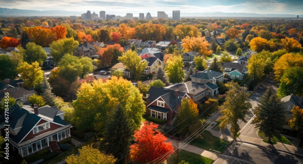 Aerial View of Denver Residential Neighborhood During Autumn Fall Season in Colorado, America - obrazy, fototapety, plakaty 