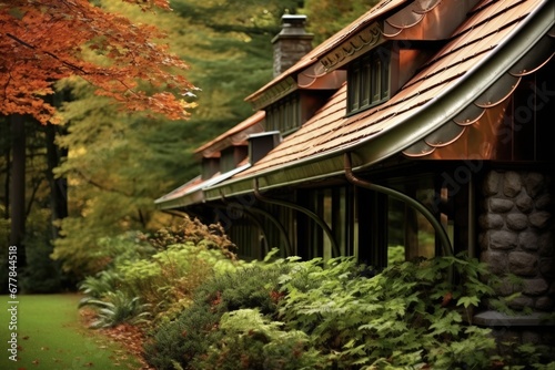 Copper Gutters Along Woodend Shake Roofline. A Beautiful Fall View of a Brown Built Structure Set in Forest with Green Grass and Autumn Foliage Architecture photo