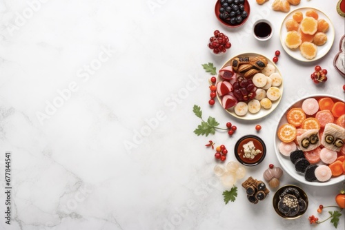 Delicious Spread for Chinese New Year: Flat Lay of Colorful Food and Drinks on Marble Table