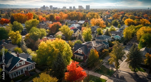 Aerial View of Denver Residential Neighborhood During Autumn Fall Season in Colorado, America photo