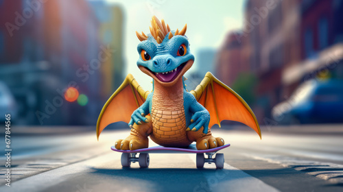 Smiling blue 3d dragon on a skateboard on a city street. Symbol of 2024. photo