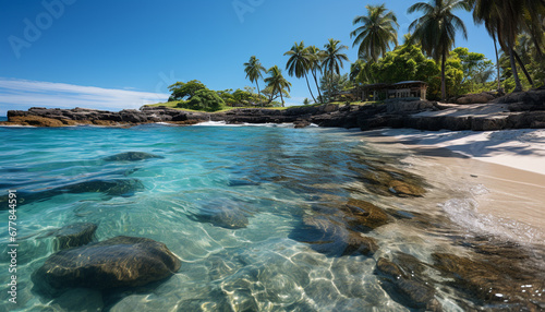Tropical coastline, blue waters, palm tree, tranquil scene generated by AI