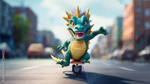 Smiling green and yellow 3d dragon on a skateboard on a city street background. Symbol of 2024. photo