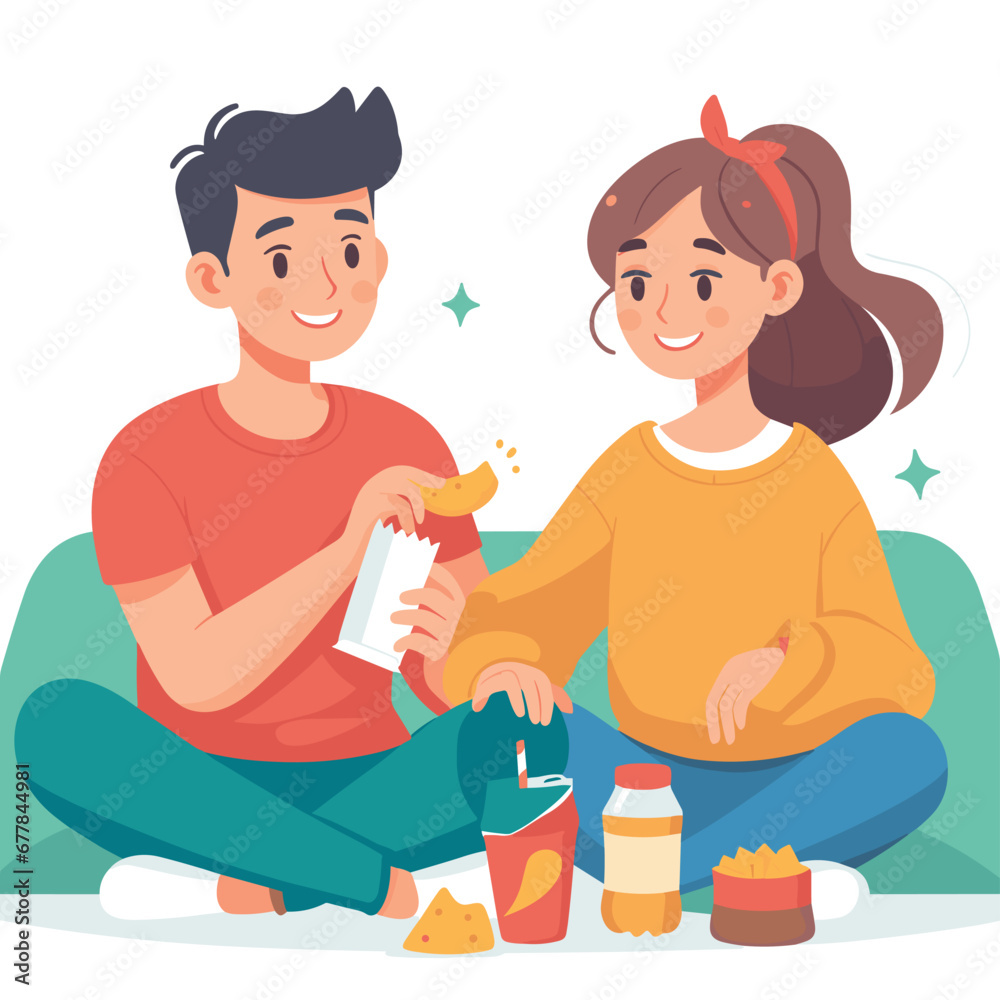 a couple eating food vector illustrations on white background a couple eating food vector illustrations on white background