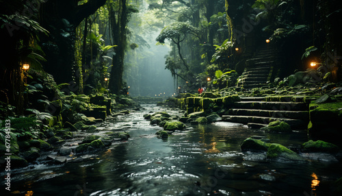Mysterious tropical rainforest, tranquil scene, adventure in nature generated by AI