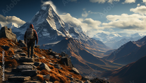 One person hiking, climbing mountain peak, enjoying majestic nature generated by AI photo