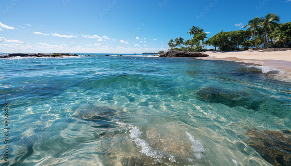 Fototapeta premium Tropical coastline, blue waters, palm trees, serene sunset generated by AI