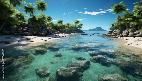 Idyllic tropical coastline, palm trees, and turquoise waters generated by AI