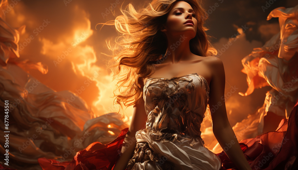 A beautiful young woman in a fashionable dress, looking at sunset generated by AI