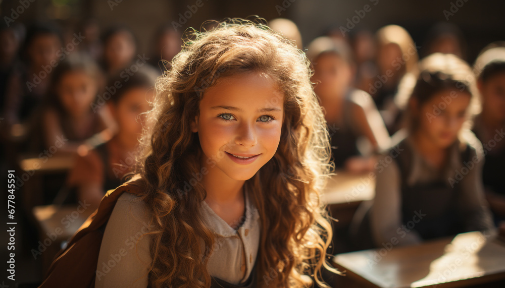 Group of cheerful children sitting outdoors, smiling at camera generated by AI