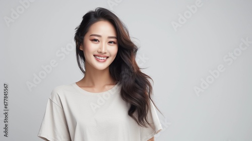 Young woman of Asian beauty with a beautiful smile and hair on a light background