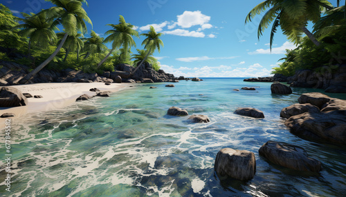 Tropical climate, blue water, coastline, palm tree generated by AI