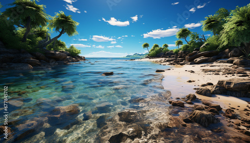 Idyllic tropical coastline with blue water and palm trees generated by AI © Jemastock