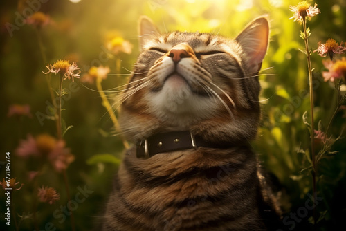 A cat sitting on a field surround by flowers, sunlight