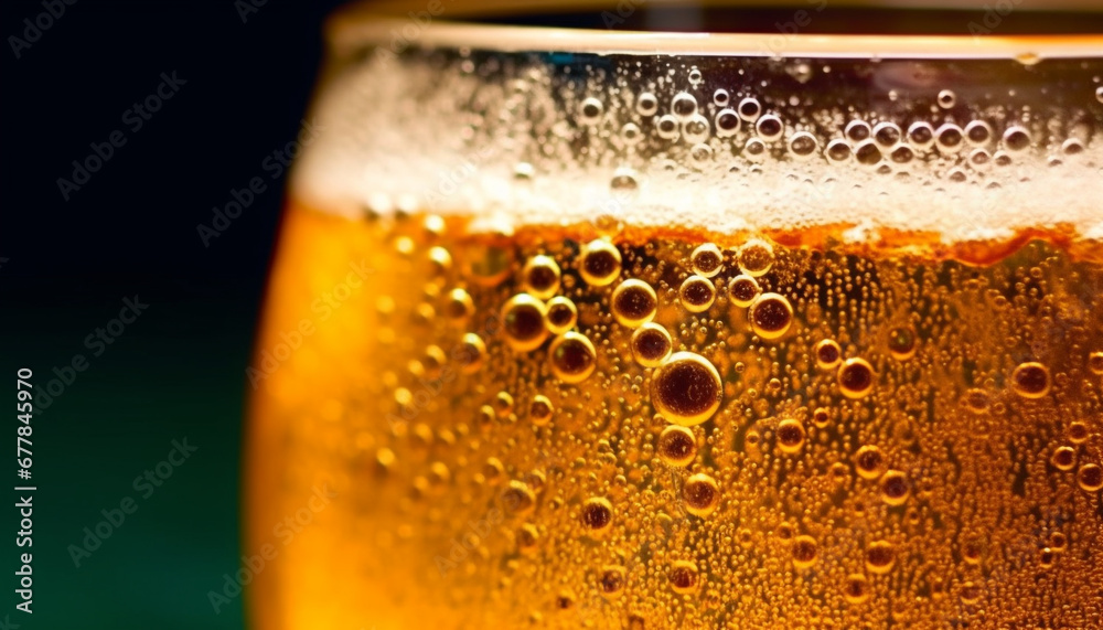 Gold colored liquid drops in frothy beer glass, refreshing drink generated by AI Gold colored liquid drops in frothy beer glass, refreshing drink generated by AI