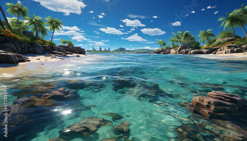 Tropical palm trees sway near turquoise underwater reef generated by AI © Jemastock