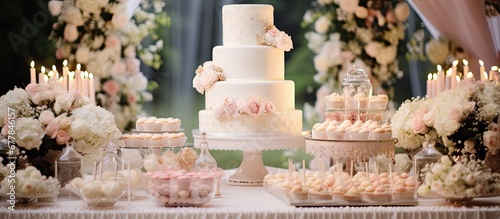 The beautifully decorated table at the luxury wedding party had a stunning background of flowers with a centerpiece cake adorned with white topping and a variety of delicious baked desserts