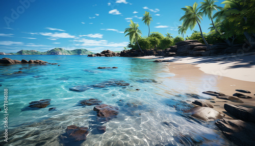 Tropical climate, turquoise waters, palm trees, tranquil scene generated by AI © Jemastock